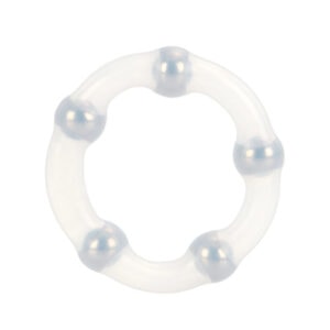 A white plastic ring with silver balls.