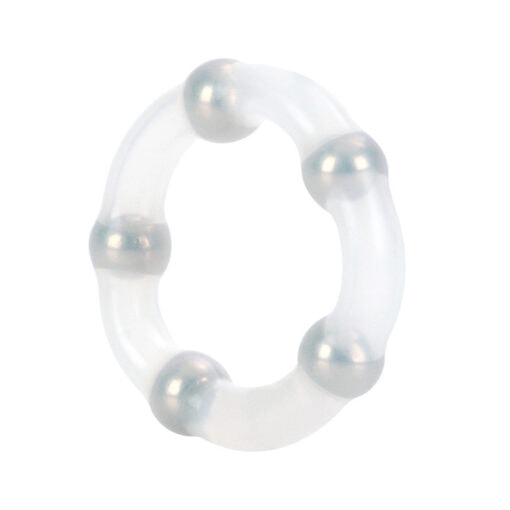 A white ring with silver balls on it.