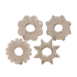 Four silver flower shaped rings on a white background.