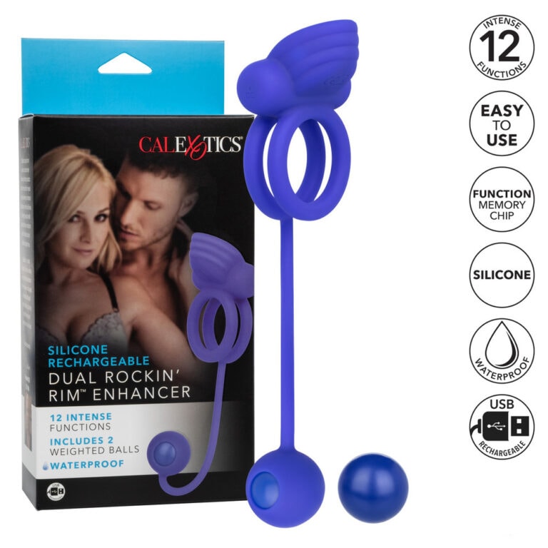 Silicone rechargeable dual rockin' rim enhancer with 12 functions, waterproof design, USB rechargeable, and 2 weighted balls for enhanced pleasure and stimulation.