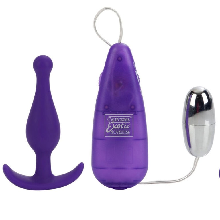 Purple silicone anal kit with multiple butt plugs displayed together