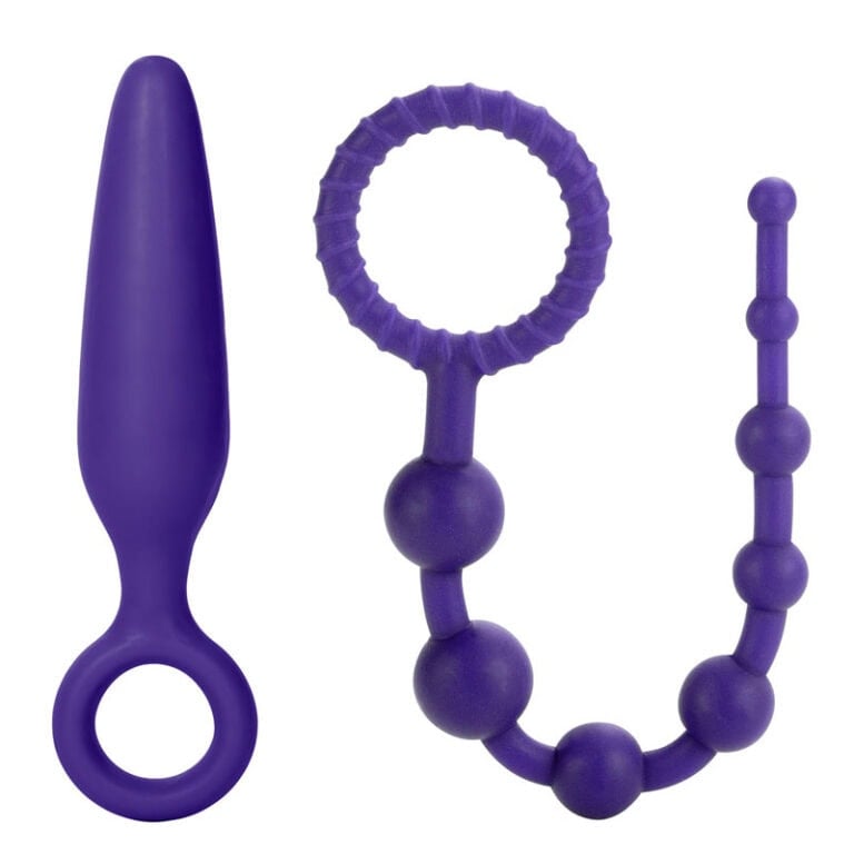 Purple vibrator and anal beads set for adult pleasure, featuring a smooth, curved vibrator and flexible beaded anal toy, ideal for intimate stimulation and sexual wellness.