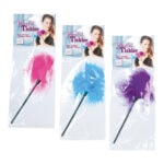 Three different colored feathered wands in a package.