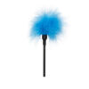 A blue feather on a black stick.
