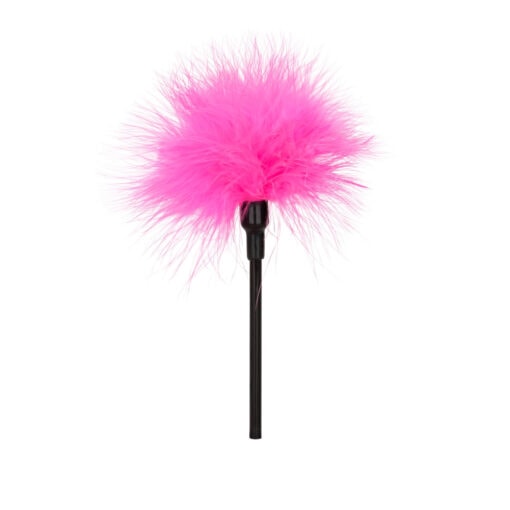 A pink feather on a black stick.