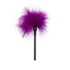 A purple feather on a black stick.