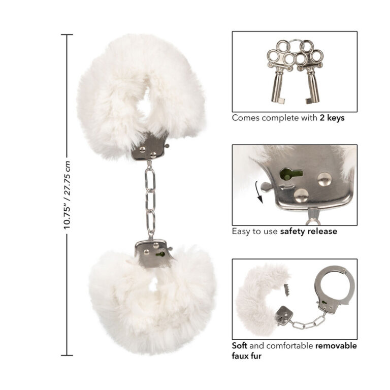 Adult BDSM Faux Fur Handcuffs with Safety Release and 2 Keys.