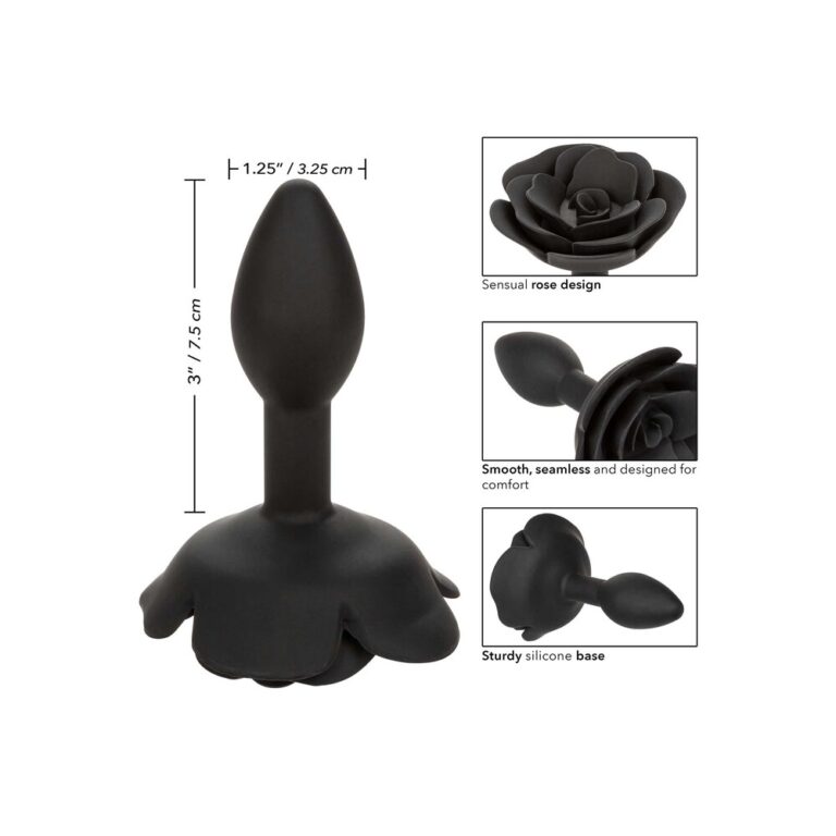 High-quality black silicone rose-shaped anal plug with smooth, seamless design for comfort and pleasure. Features a sturdy silicone base and a sensual rose motif, ideal for intimate exploration.