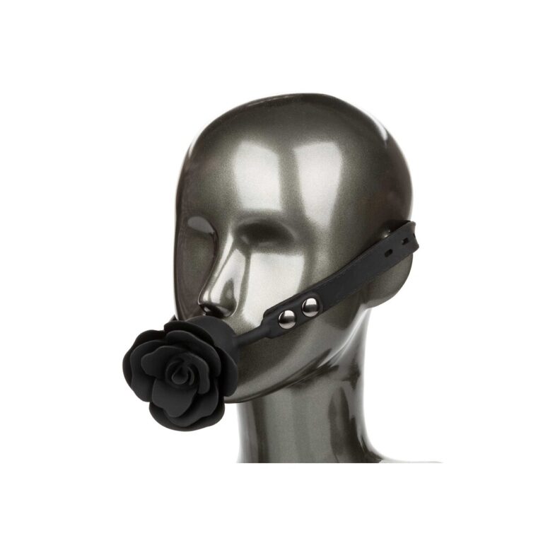 Elegant black rose gag with adjustable strap, ideal for BDSM, fetish, and adult role-play scenarios. Designed for comfort and style, enhancing intimacy and exploring fantasies safely.