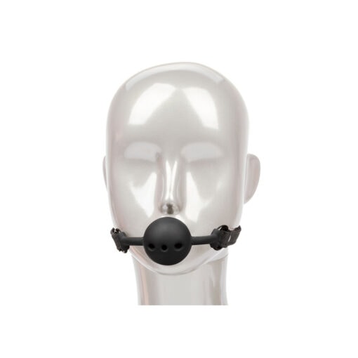 A mannequin head with a black mouthpiece.