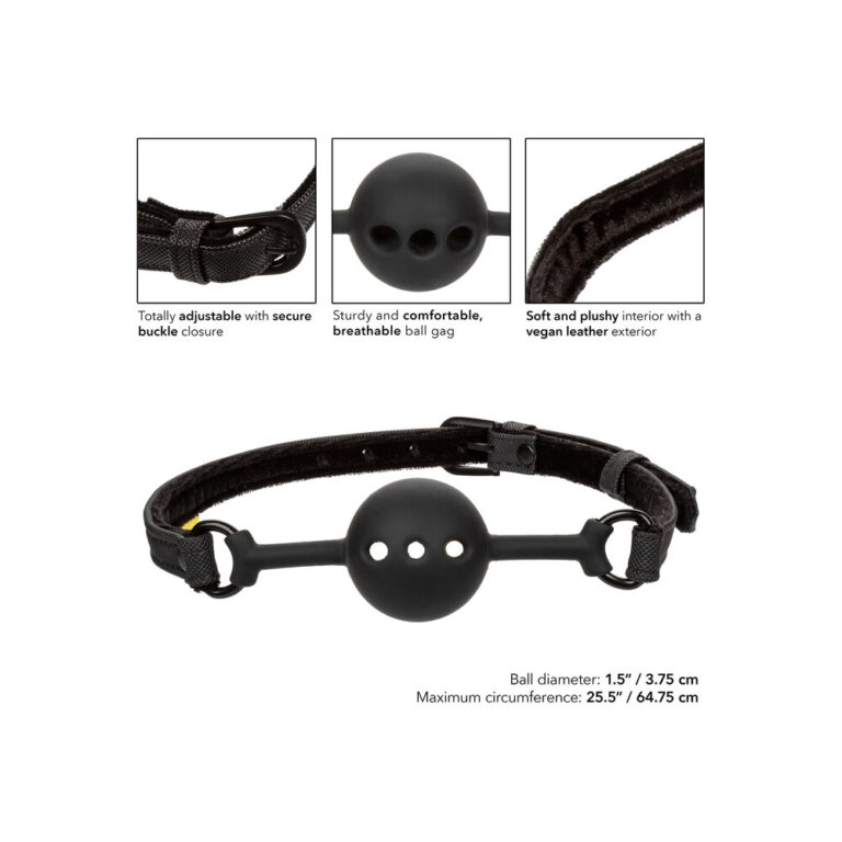 Black adjustable BDSM ball gag with secure buckle closure, breathable design, and vegan leather interior. Perfect for comfortable, safe, and stylish bondage play.