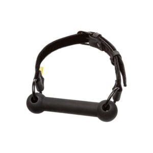 A black dog collar with a yellow handle.
