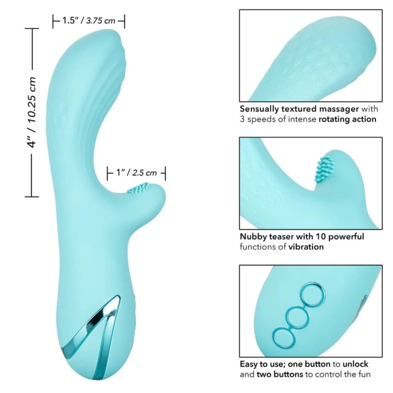 Vibrator with textured head, 3-speed rotation, and 10 vibration modes for enhanced pleasure and stimulation. Easy to operate with one or two buttons, designed for intimate use and maximum satisfaction.