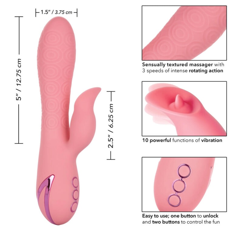 Sensually textured vibrator with rotating action and vibration modes.
