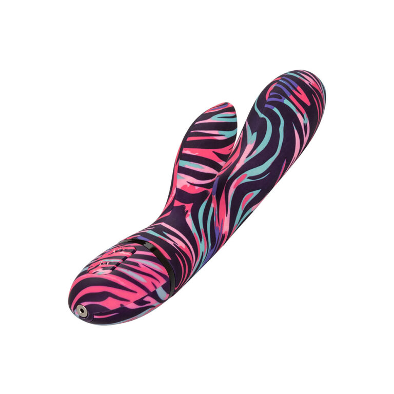 Vibrating sex toy designed for adult pleasure, featuring a vibrant zebra print pattern in pink, blue, and black. Perfect for enhancing intimacy and exploring personal satisfaction.