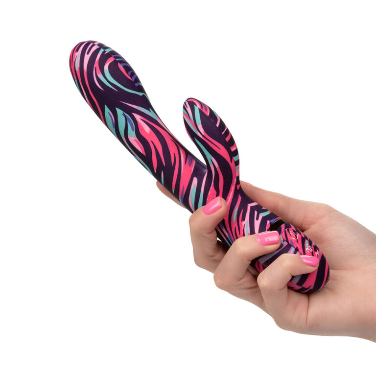 Colourful zebra print dual-ended sex toy for enhanced pleasure, designed for adult intimacy and sexual wellness, perfect for solo or partner play.
