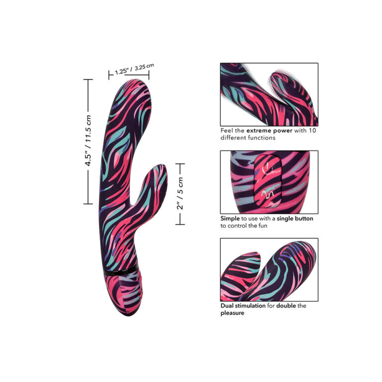 High-quality silicone vibrator with zebra print design, multiple functions, and easy one-button control for enhanced pleasure and intimacy.