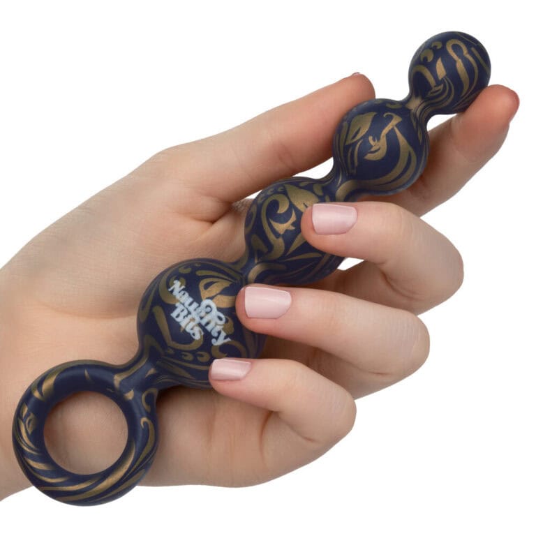 Anal beads for enhanced sexual pleasure, made from body-safe silicone with a stylish black and gold design, perfect for intimate exploration and adult toy collection.