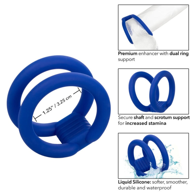 SEO-friendly ALT tag: Blue silicone ring toy designed for sexual enhancement, featuring dual ring support for increased stamina and comfort, ideal for couples seeking improved intimacy.