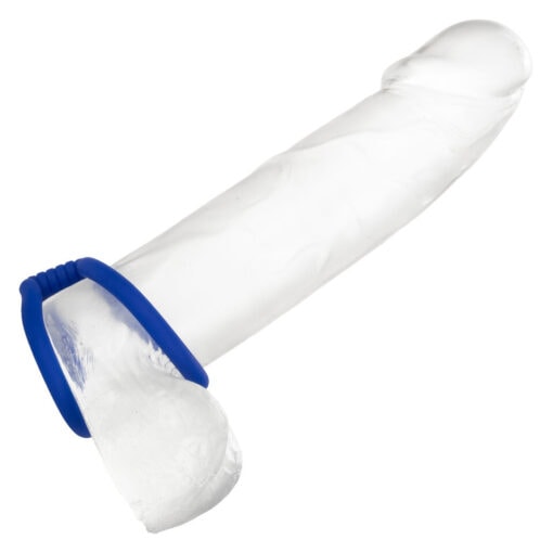 A white plastic dildo with a blue handle.