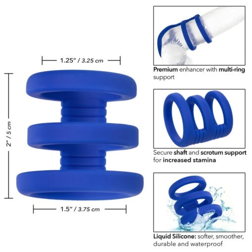 A blue sex ring with different sizes and measurements.