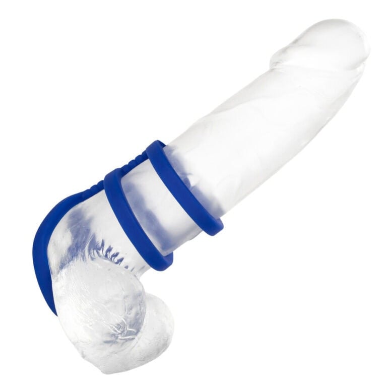 Blue silicone triple cock cage ring shown from the side