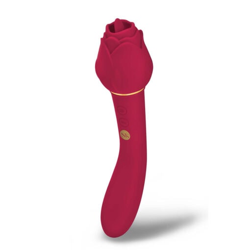 A red rose shaped sex toy on a white background.