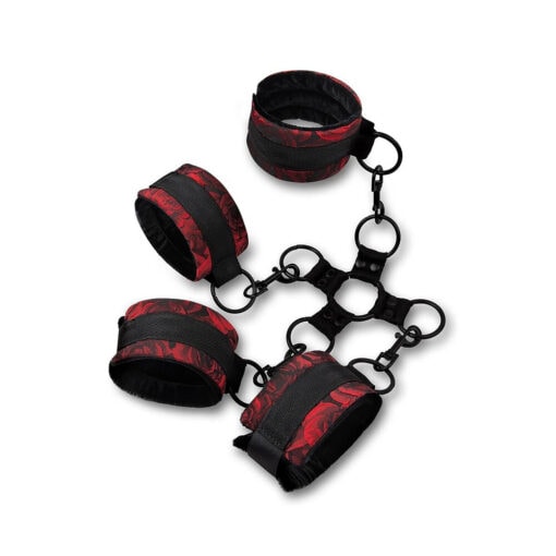 A set of black and red handcuffs.