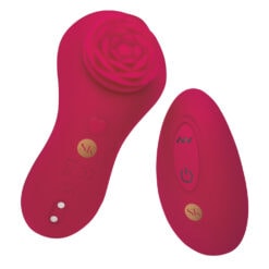 A pink vibrator with a rose on it.
