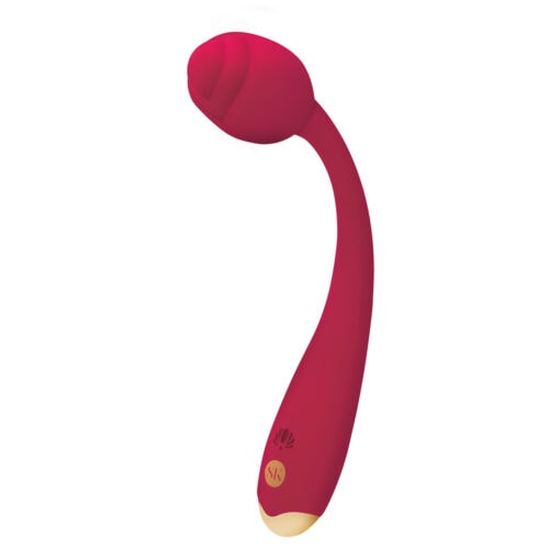 A red and gold sex toy on a white background.