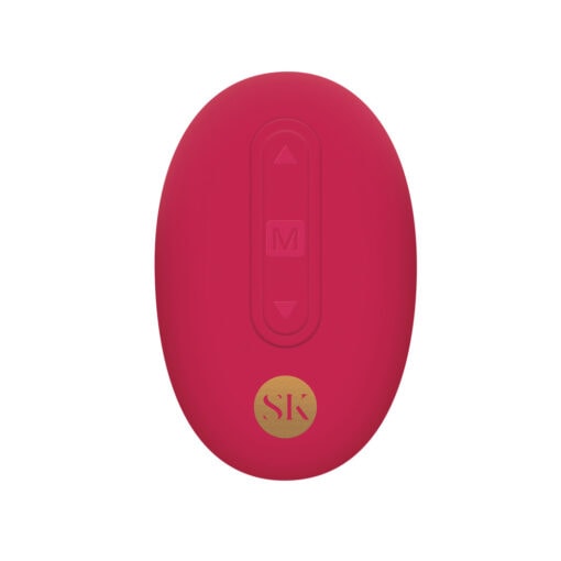 A pink remote control with a gold logo on it.