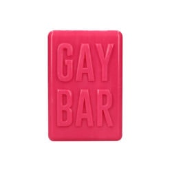 A pink soap bar with the word gay bar on it.