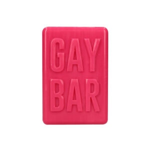 A pink soap bar with the word gay bar on it.