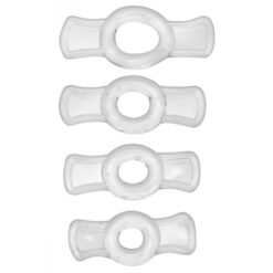 A set of four clear plastic g-strings on a white background.