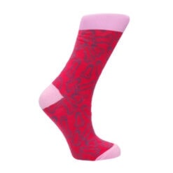 A pair of socks with a pink and black design.