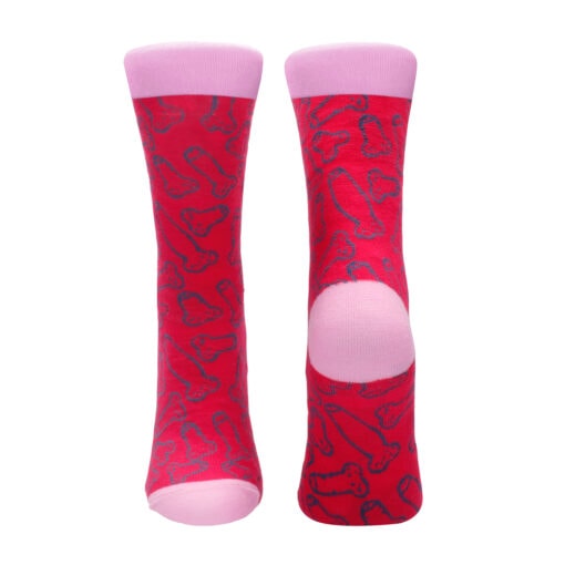 A pair of red socks with black and pink designs.