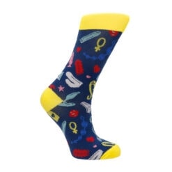A blue and yellow sock with a variety of symbols on it.