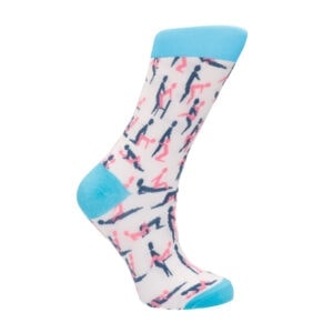 A white sock with blue and pink birds on it.