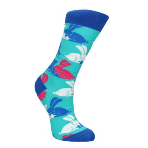 A blue and pink sock with rabbits on it.