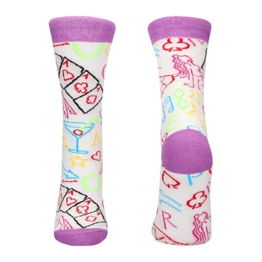 A pair of purple socks with colorful designs on them.