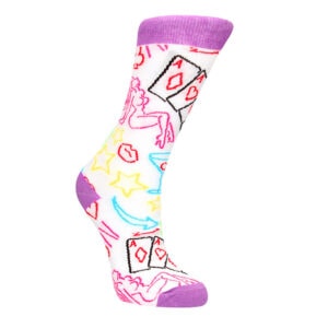 A pair of white socks with colorful designs on them.