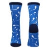 A pair of blue socks with white sperm on them.