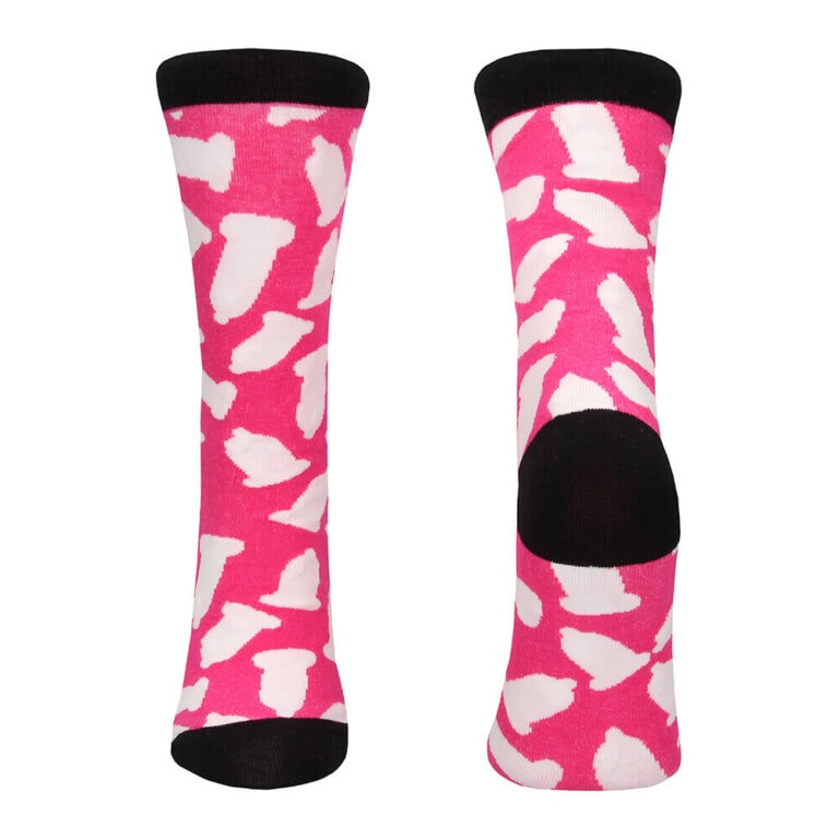 Bright pink and white patterned socks with black accents, ideal for intimate wear, enhancing comfort and style in adult and couple's bedroom accessories.