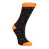 A pair of socks with orange and black designs.