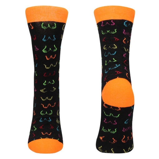 A pair of men's socks with orange and black designs.