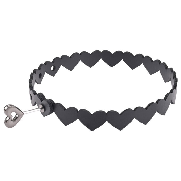 Elegant black heart-shaped BDSM collar with a secure silver lock, ideal for enhancing intimacy and trust in adult role-play scenarios. Crafted for comfort and style, suitable for BDSM enthusiasts and.