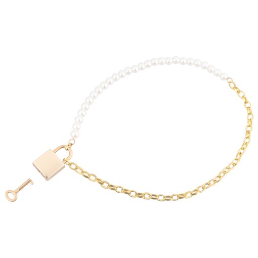 A gold and pearl bracelet with a lock and key.
