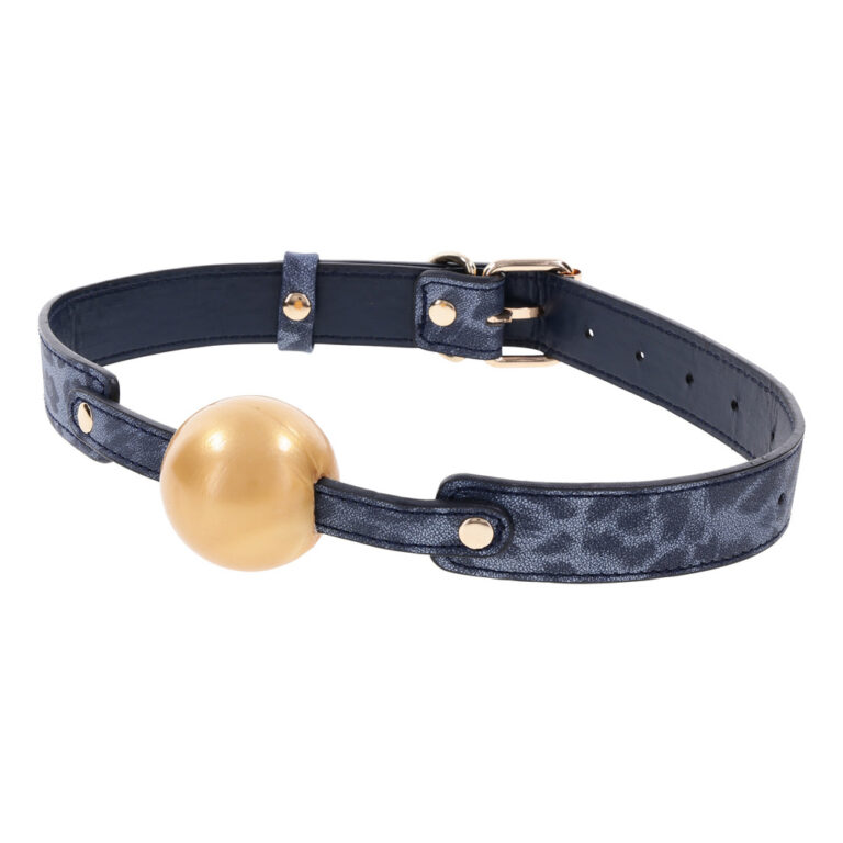 An elegant navy blue leather choker featuring a prominent gold pearl centerpiece, perfect for stylish and sensual accessories. Ideal for intimate wear and enhancing personal confidence.