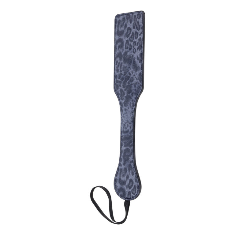 An image of a pink leopard print paddle designed for BDSM, spanking, and adult play. Made from durable material with a wrist strap for secure handling, ideal for consensual adult intimacy and sensatio.