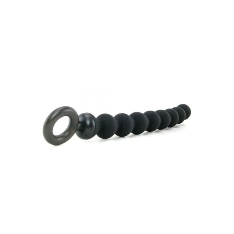 Anal beads for adult pleasure, designed for safe and stimulating anal play, featuring a flexible string of black beads with a loop handle for easy removal.
